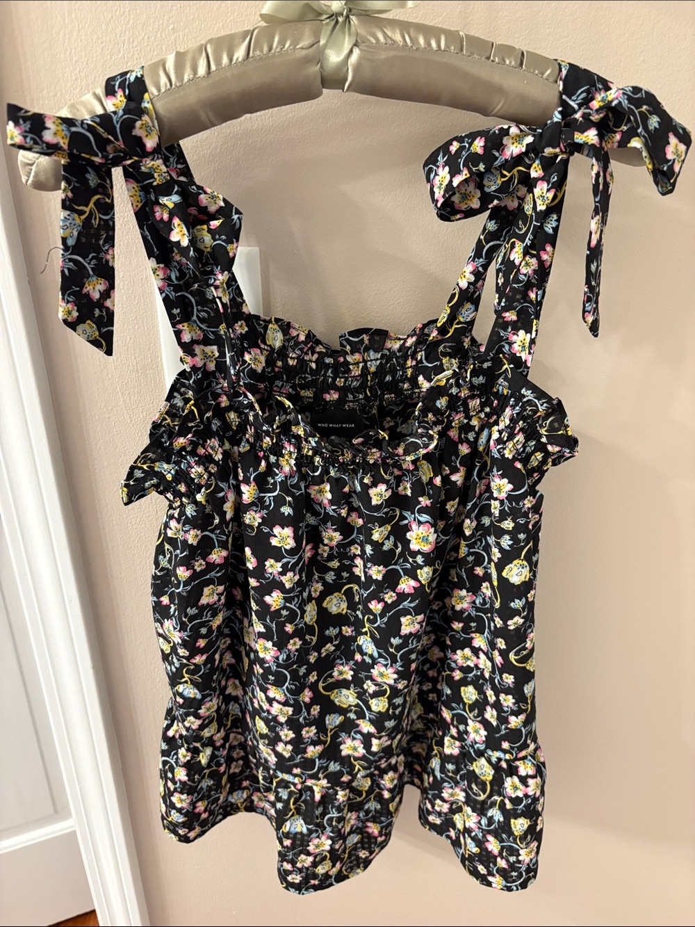Who What Wear Black Floral Tie-Strap Tank Top
